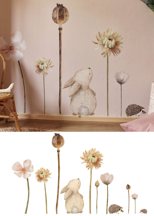 Muurstickers | Gemixte bloemen set met konijn en egeltjes