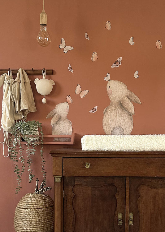 Wall sticker set | bunnies (2x) with pink butterflies