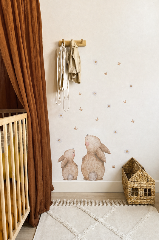 Muurstickers | Set: Konijntjes met vlinders en madeliefjes